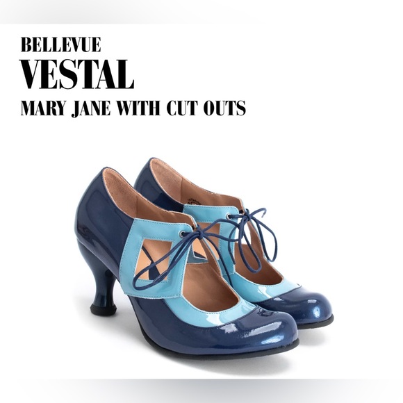 Fluevog NEW WO BOX Bellevue Vestal blue patent Mary Jane heel w/ cutouts -10 - Picture 1 of 16